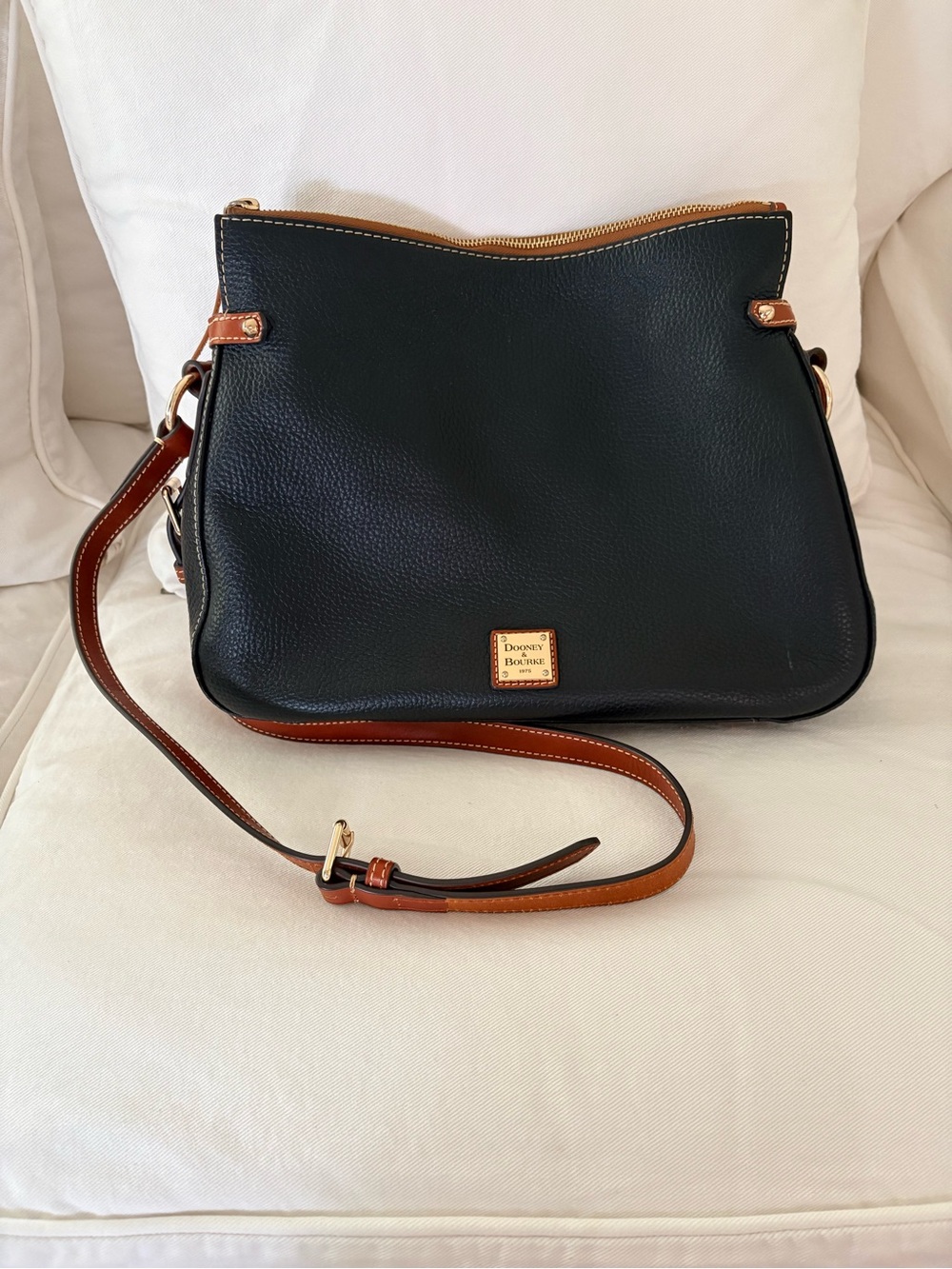 Dooney & Bourke Black Pebble Leather Crossbody Satchel with Tan Trim